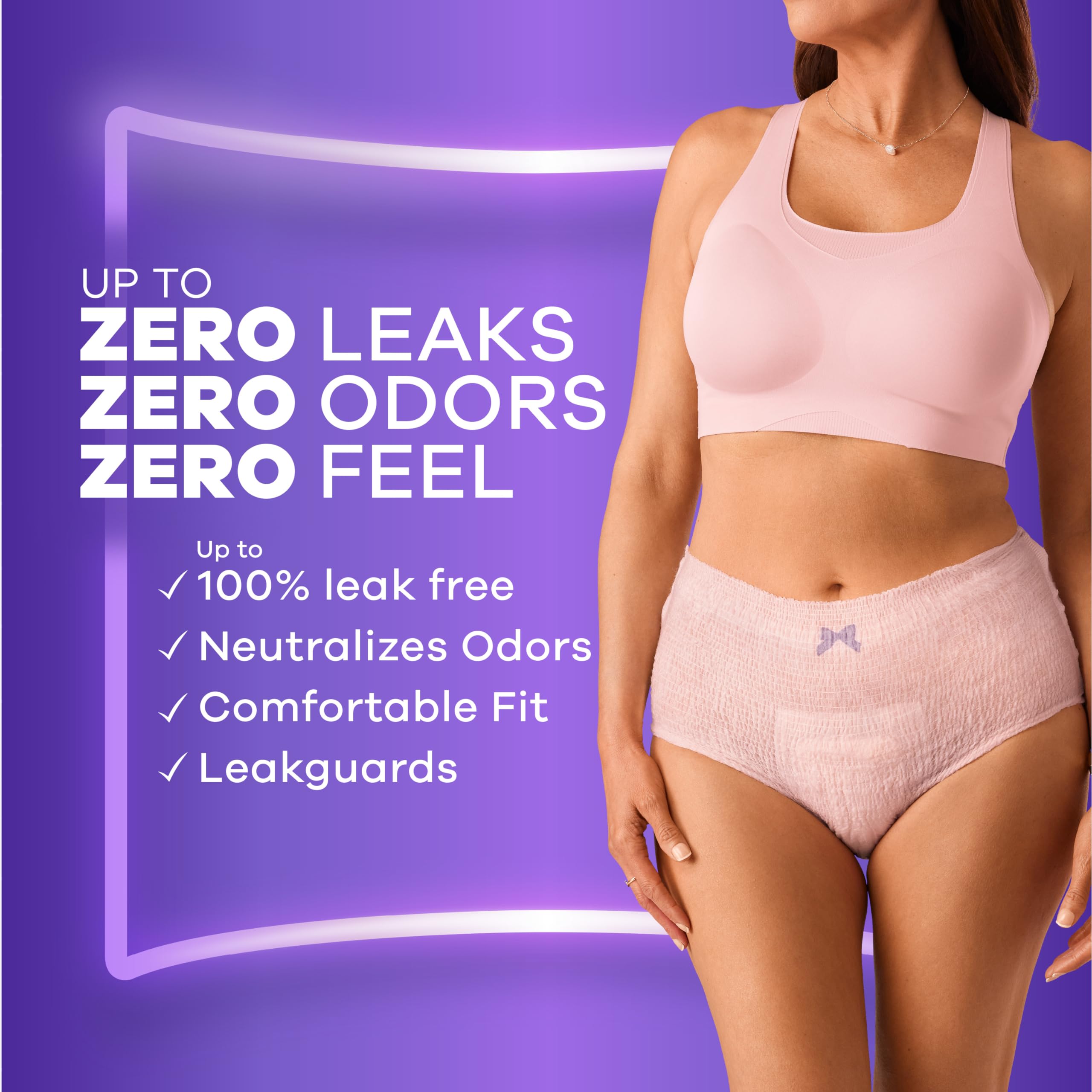 Always Discreet model wearing pink disposable postpartum underwear for women on purple background with leak protection claims