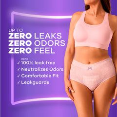 Always Discreet model wearing pink disposable postpartum underwear for women on purple background with leak protection claims