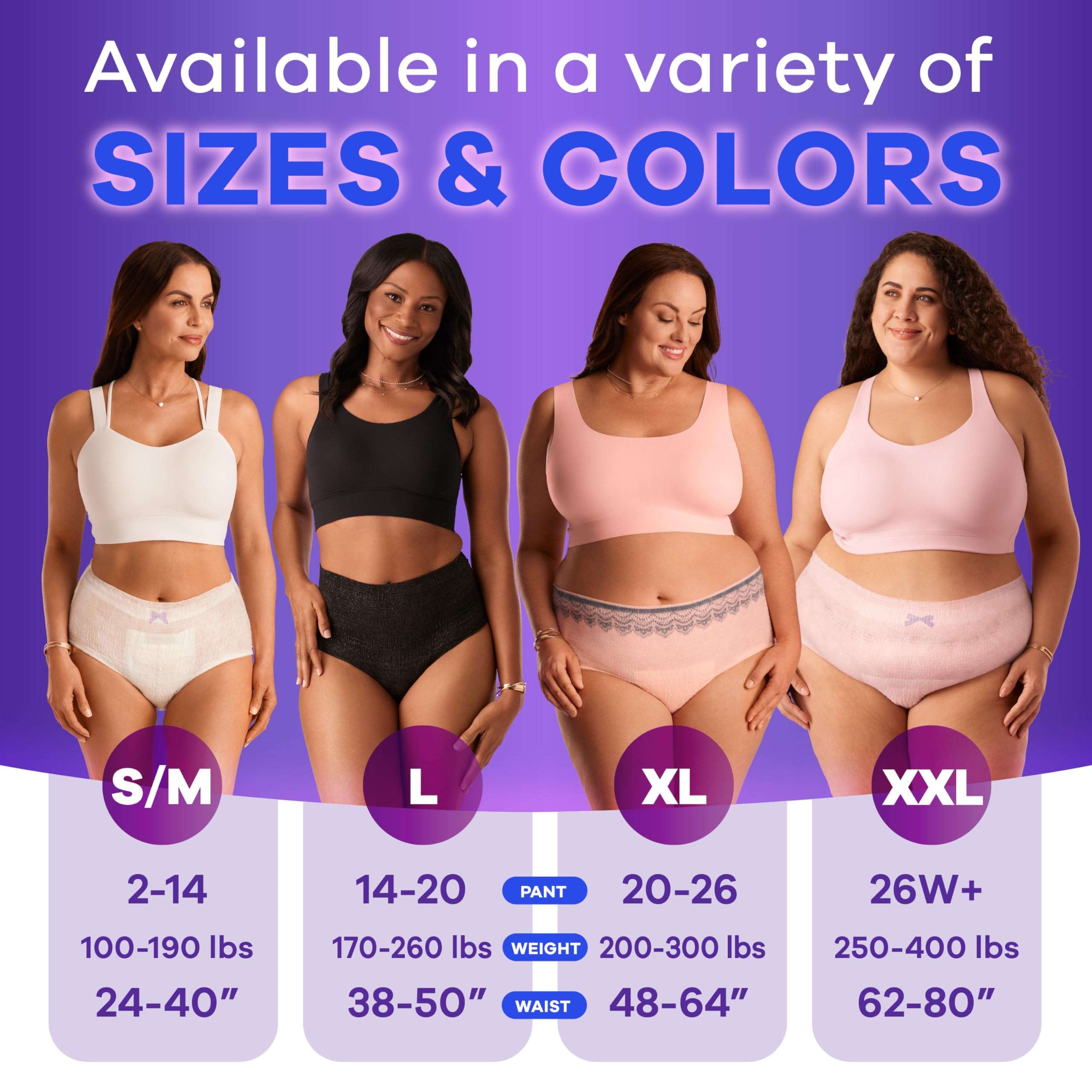 Always Discreet models showing four sizes and colors of disposable postpartum underwear for women with size charts