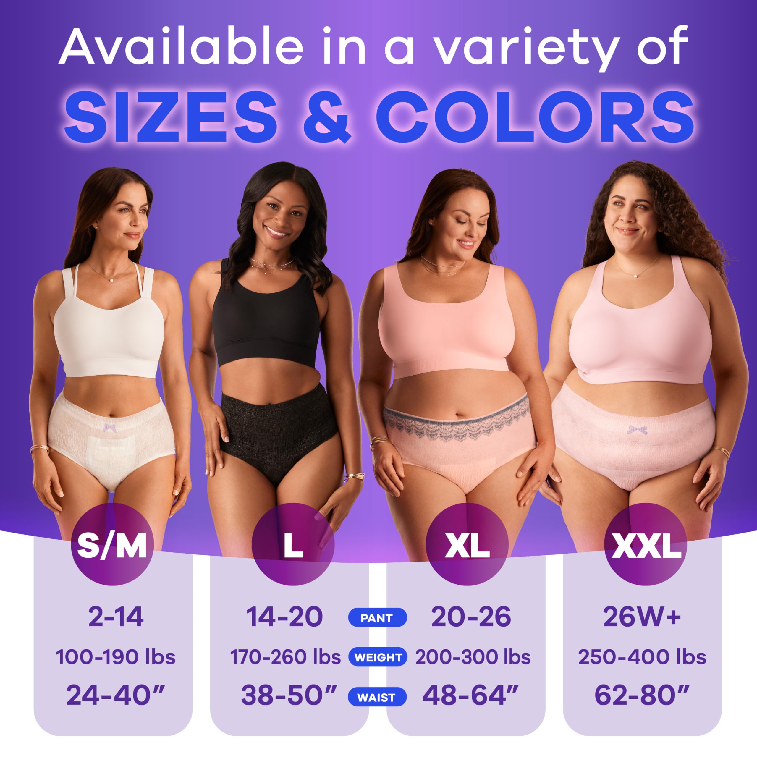 Always Discreet models showing four sizes and colors of disposable postpartum underwear for women with size charts