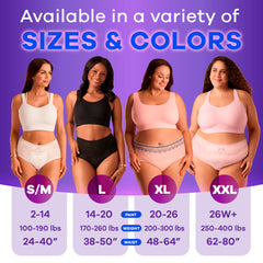 Always Discreet models showing four sizes and colors of disposable postpartum underwear for women with size charts