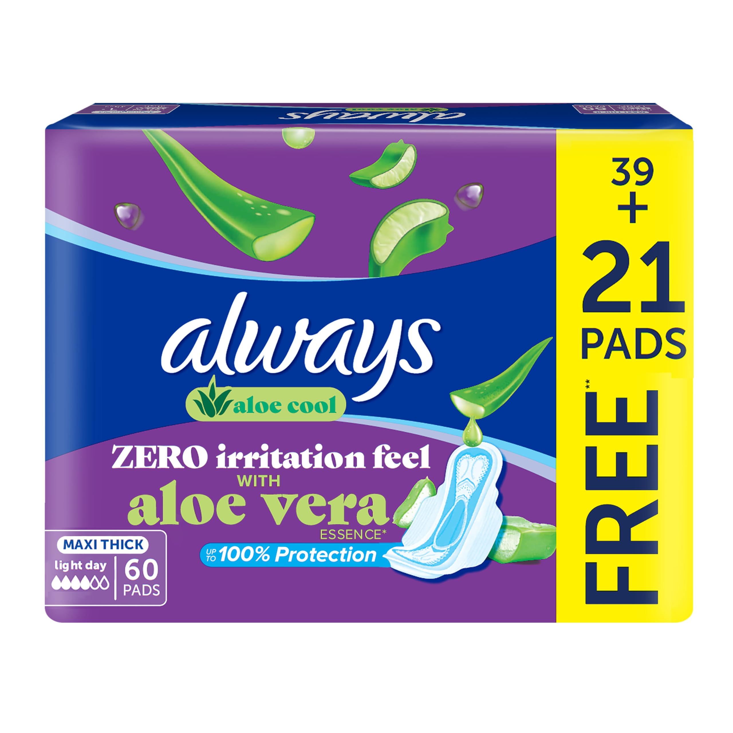 Always Aloe Vera maxi thick sanitary pads with wings 60 count pack 39 plus 21 pads free purple and blue packaging