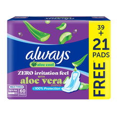 Always Aloe Vera maxi thick sanitary pads with wings 60 count pack 39 plus 21 pads free purple and blue packaging