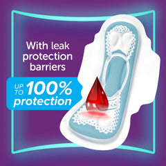 Always maxi thick sanitary pads with wings showing leak protection barriers and blood drop for up to 100 percent protection