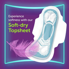 Maxi sanitary pad with wings highlighting soft-dry topsheet and dotted edges