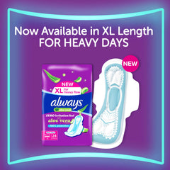 Always XL length aloe vera pad pack and single pad illustration for heavy flow maxi thick sanitary pads with wings