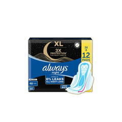 Always XL night sanitary pads with wings pack showing 48 count box with 3X protection graphic