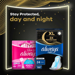 Always day and night pad packs showing pink maxi pack and black XL pack night sanitary pads with wings