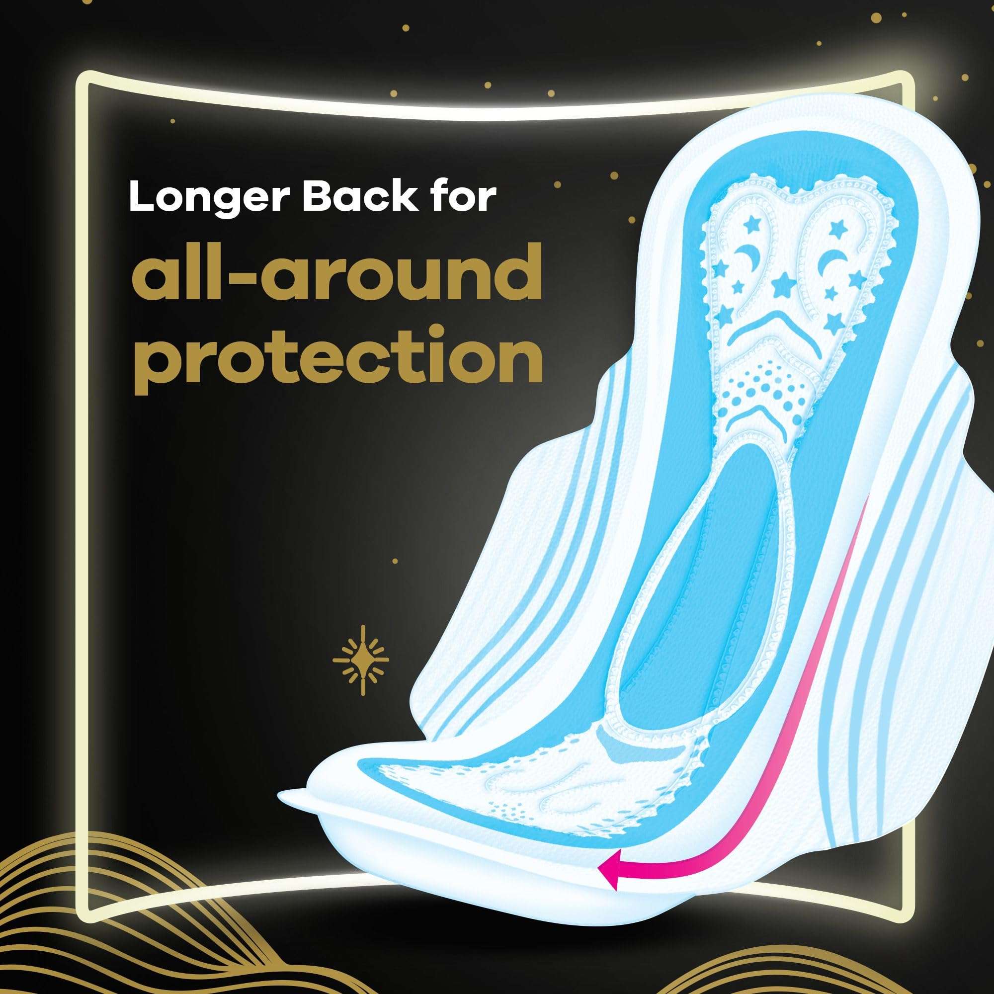 Always night sanitary pads with wings longer back for all around overnight protection blue absorbent pad