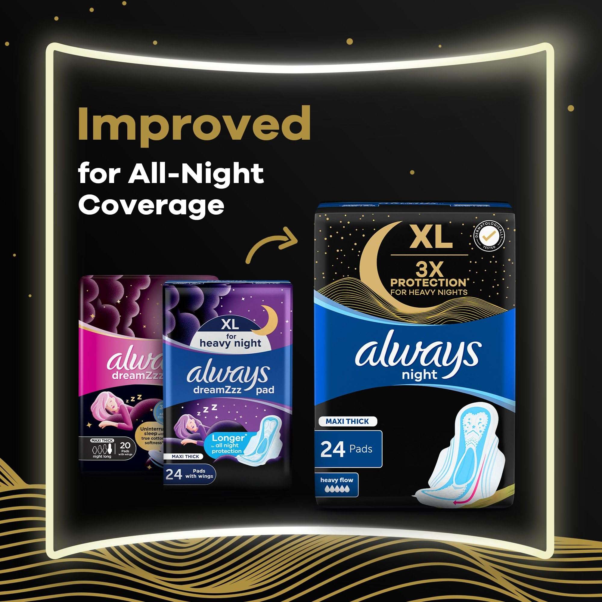 Always XL night sanitary pads with wings 24 pack maxi thick for heavy flow and all night coverage