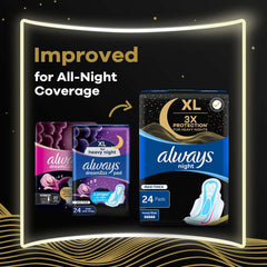 Always XL night sanitary pads with wings 24 pack maxi thick for heavy flow and all night coverage