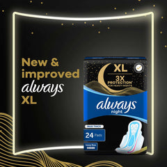 Always XL night pads 24 pack box with 3X protection and maxi thick design night sanitary pads with wings