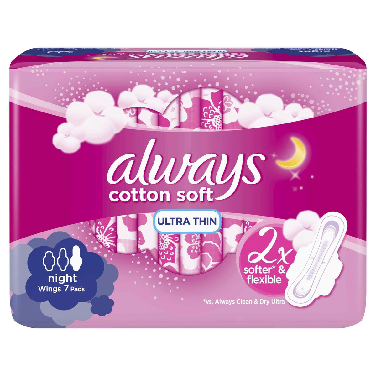 Always cotton soft ultra thin night sanitary pads with wings pack of 7 pink packaging for overnight protection