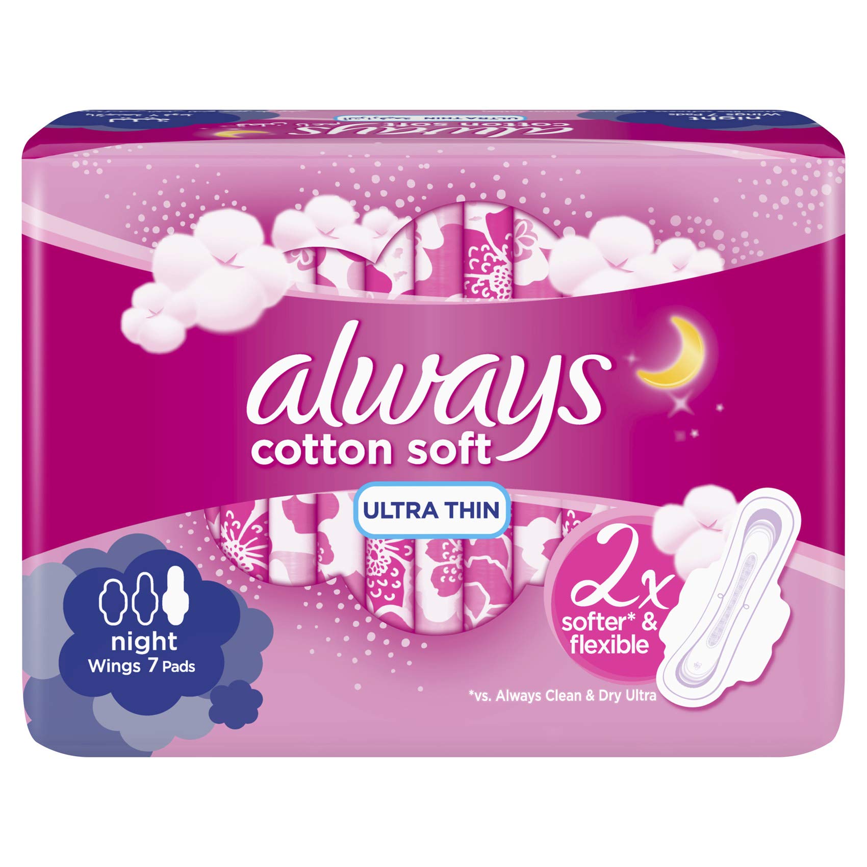 Always cotton soft ultra thin night sanitary pads with wings pack of 7 pink packaging for overnight protection