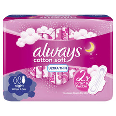 Always cotton soft ultra thin night sanitary pads with wings pack of 7 pink packaging for overnight protection