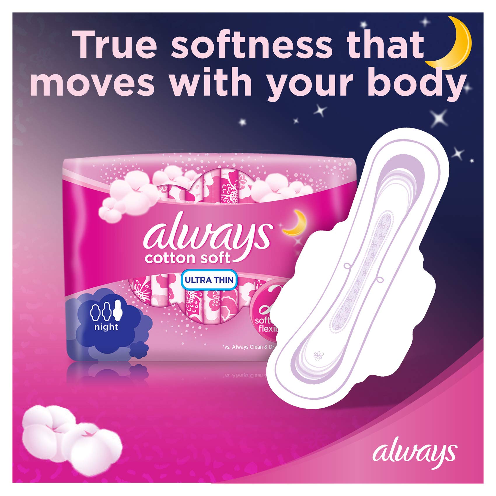Always Cotton Soft ultra thin night sanitary pads pack in pink showing pad illustration and moon