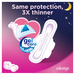 Always ultra thin night sanitary pads with gel core illustration showing same protection 3 times thinner for overnight use