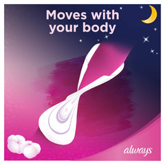 Always ultra thin night sanitary pads showing pad with wings on pink night background with moon and cotton