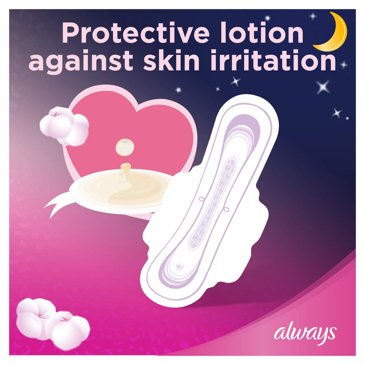 Always ultra thin night sanitary pads with protective lotion illustration cotton heart and night sky background