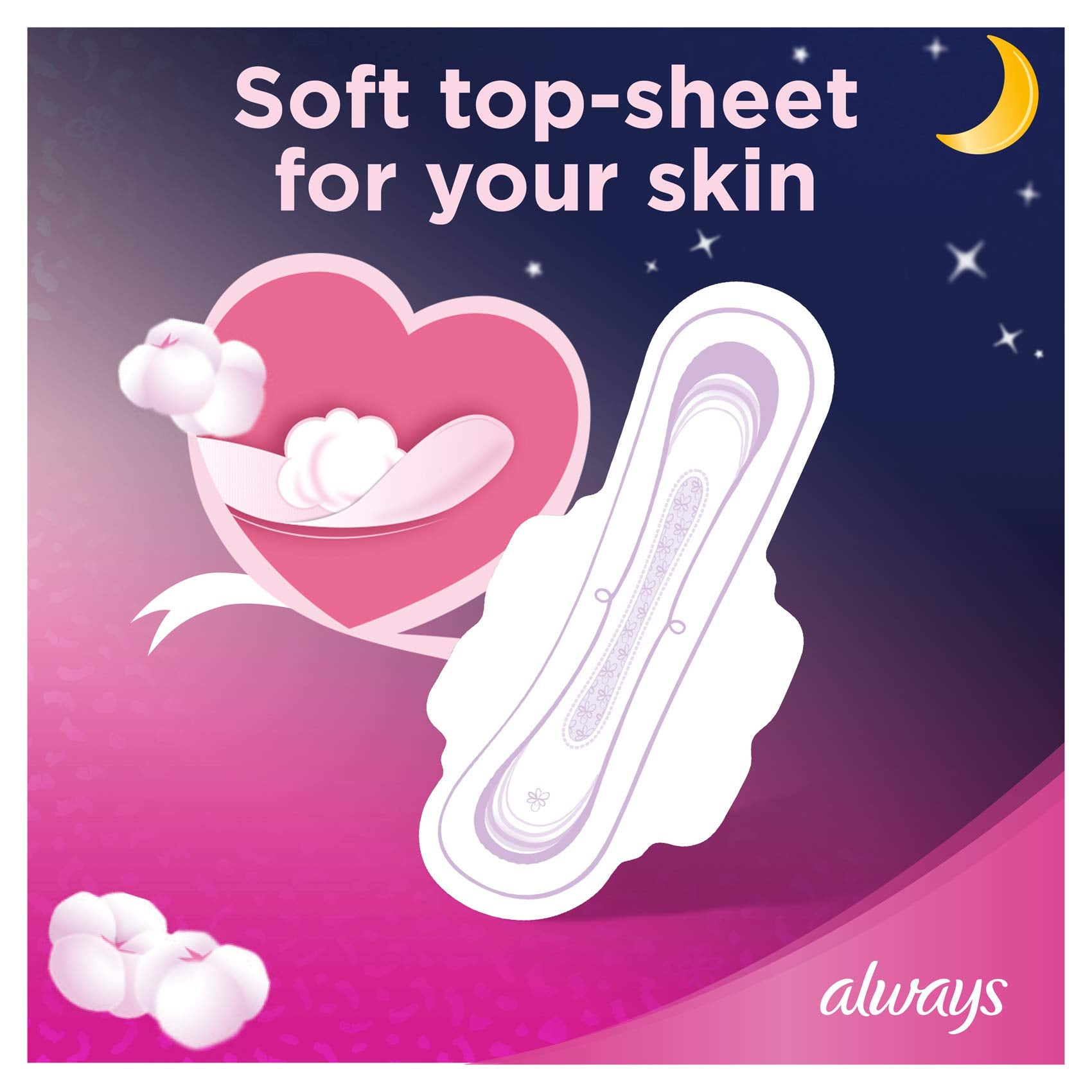Always ultra thin night sanitary pads product image showing soft top sheet cotton like surface and overnight protection