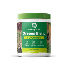 Greens Blend supplement jar with green lid and label on the front