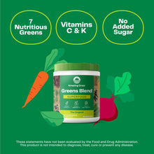 Greens Blend supplement jar with green lid and claim badges