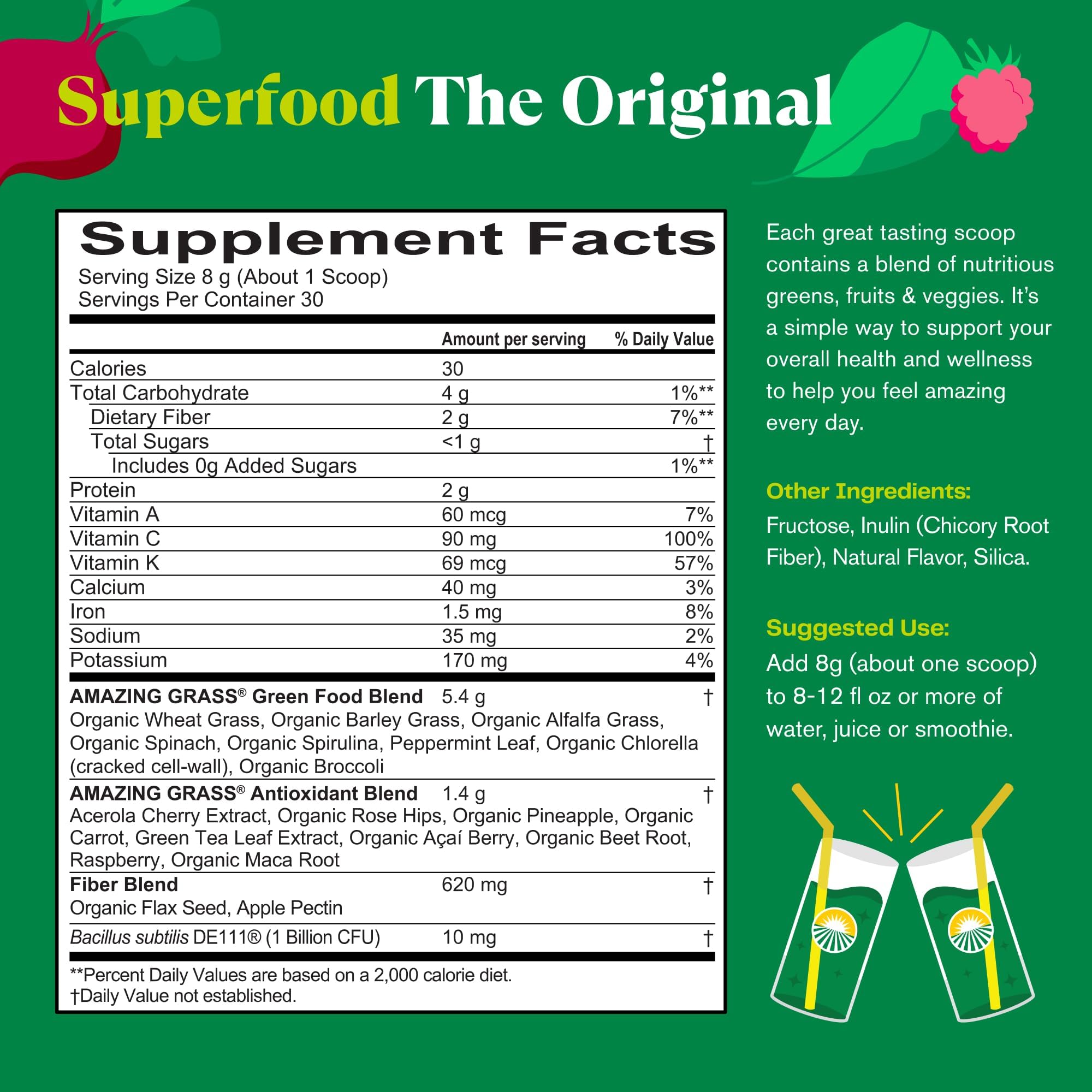 Amazing Grass Superfood The Original supplement facts label showing ingredients and serving info green superfood powder UAE