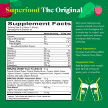 Supplement Facts panel for greens blend superfood on the jar