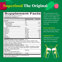 Amazing Grass Superfood The Original supplement facts label showing ingredients and serving info green superfood powder UAE