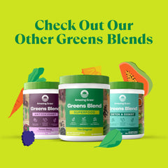 Amazing Grass Greens Blend three tubs on green background with fruit illustrations and green superfood powder UAE