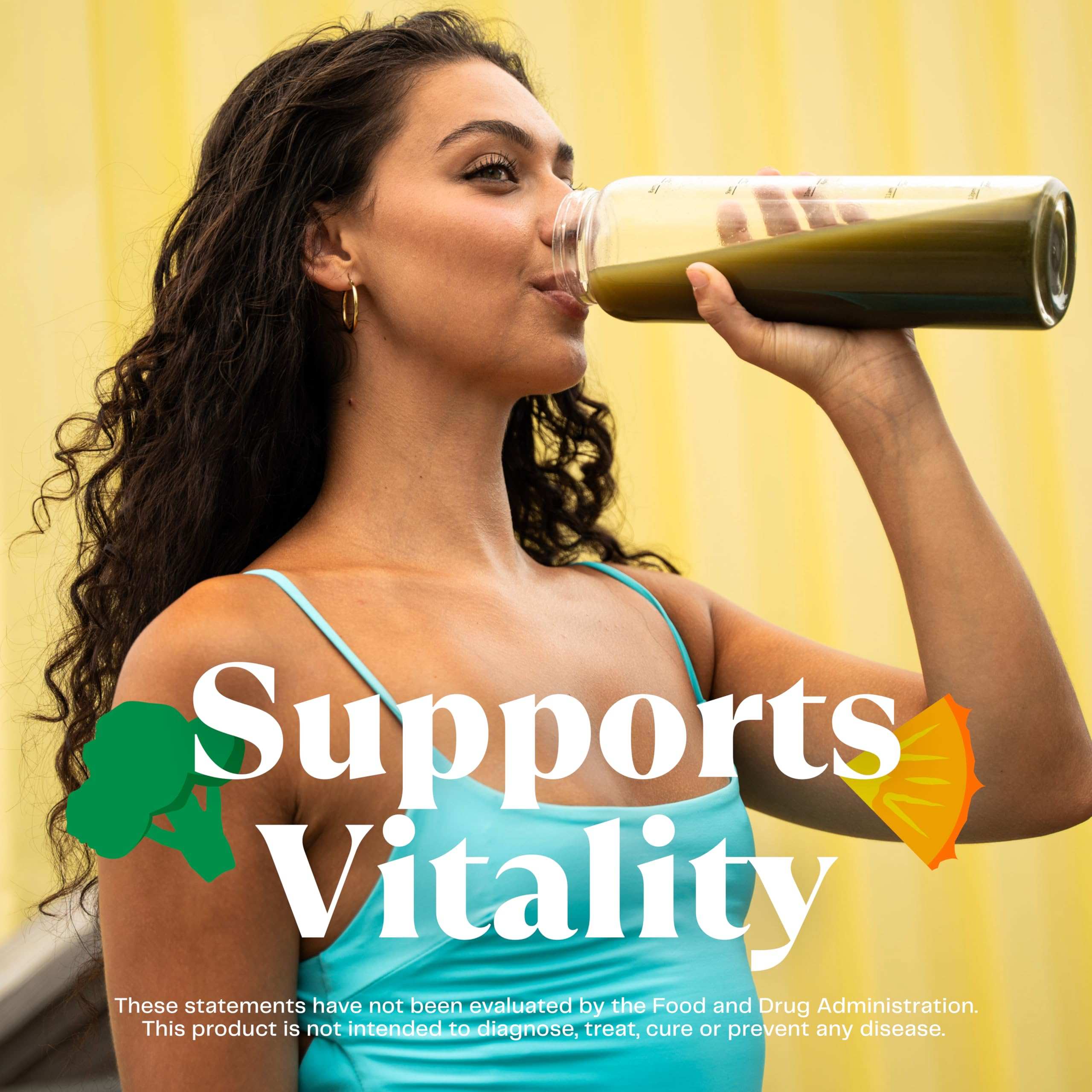 Woman drinking a green smoothie from a bottle against yellow background with Supports Vitality text green superfood powder UAE