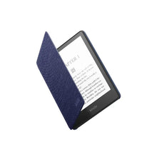 Dark blue Kindle cover with front flap open, screen visible