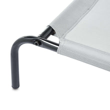 Cooling elevated dog bed, grey mesh sling with dark tubular metal legs