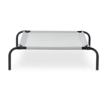 Cooling elevated dog bed, grey mesh fabric on dark metal frame, front view