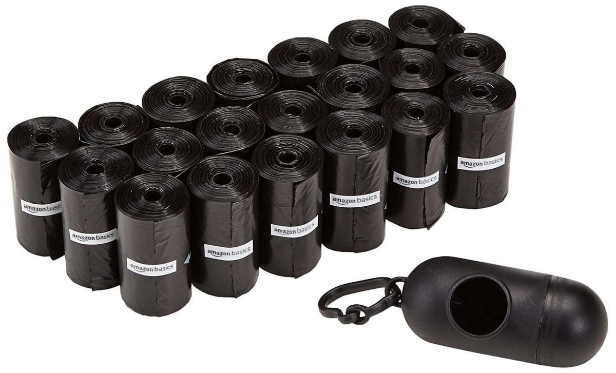Amazon Basics dog poop bags with dispenser in black for convenient pet clean-up