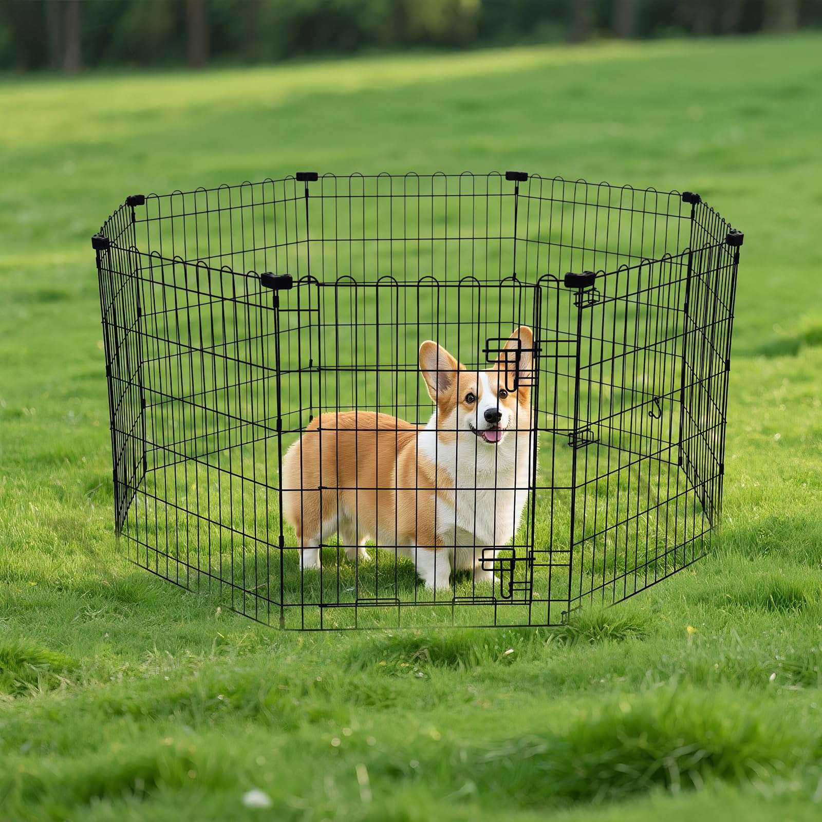 Huitich foldable metal dog playpen in a grassy area with a happy corgi inside