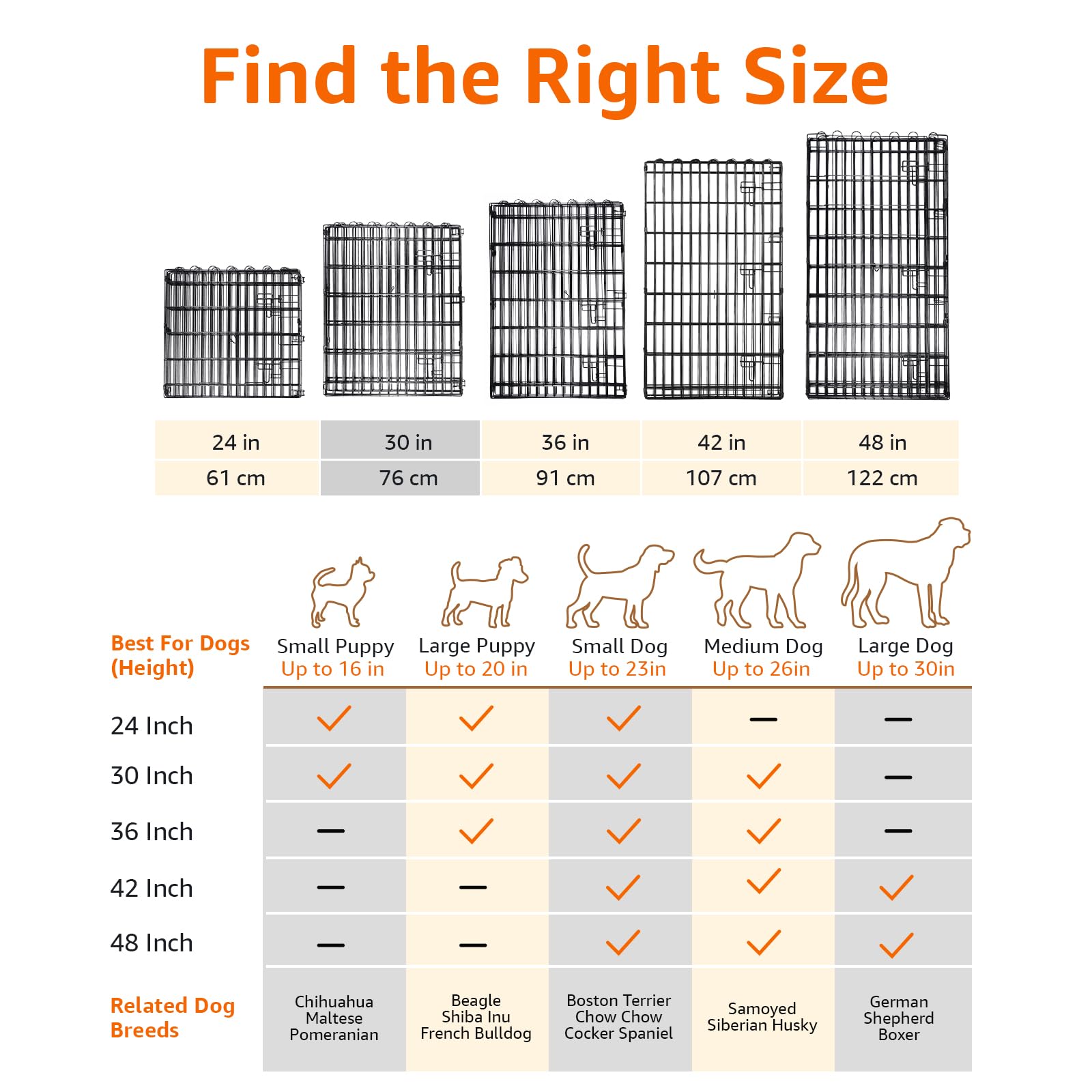 Size chart for foldable metal dog playpen showing heights and recommended dog breeds