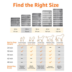 Size chart for foldable metal dog playpen showing heights and recommended dog breeds