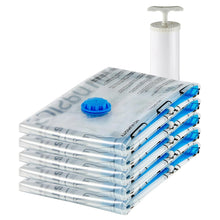 Vacuum storage bags 5-pack, clear film with blue valve and zipper seal, stacked