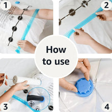Vacuum bag usage steps showing blue valve, zipper closure, and vacuum hose connection