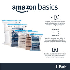 Amazon Basics vacuum bags 5 pack with heavy-duty double-zip seals and reusable space-saving design