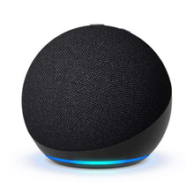 Black fabric smart speaker with blue LED ring