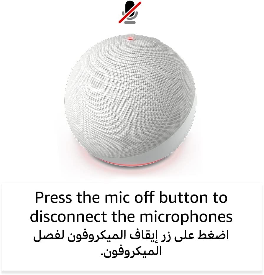 Echo Dot play Quran speaker in white with microphone off button feature displayed with instructions