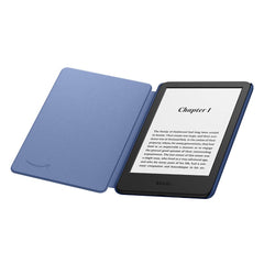 Amazon Kindle with blue amazon kindle case fabric cover open showing screen with text
