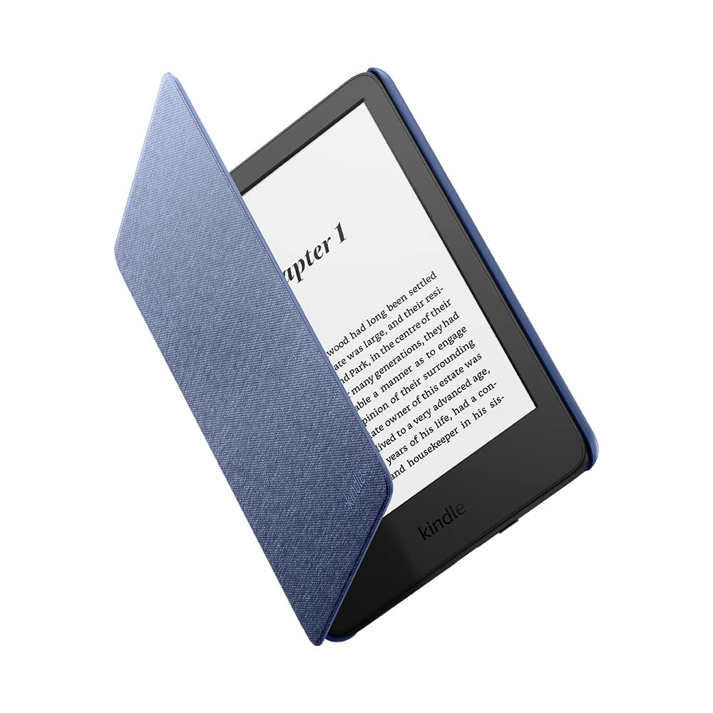 Amazon Kindle with blue amazon kindle case fabric cover partially open showing e-reader screen