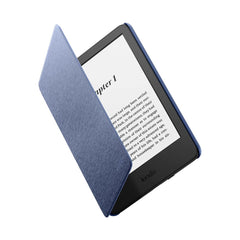 Amazon Kindle with blue amazon kindle case fabric cover partially open showing e-reader screen