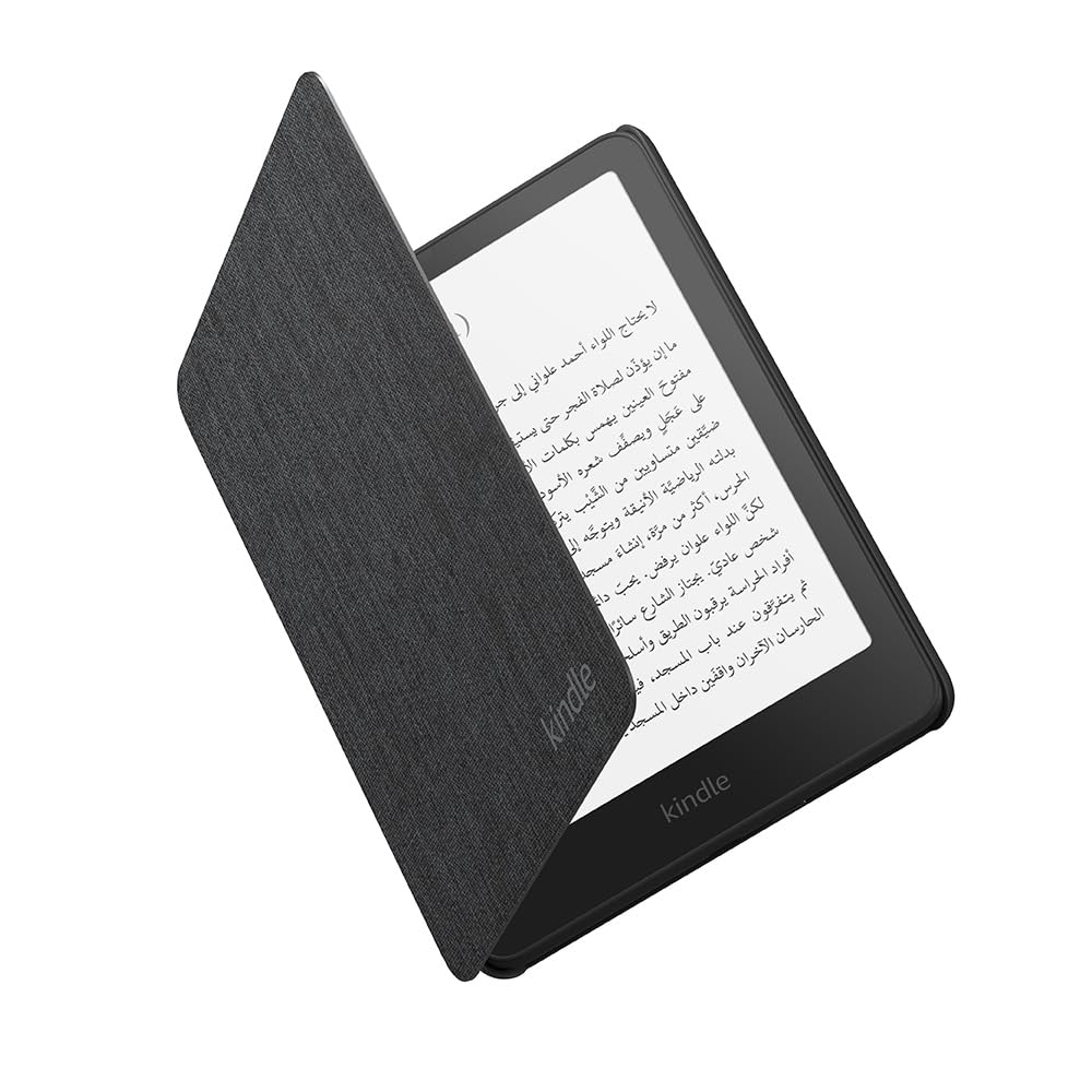 Huitich AMZ Kindle Paperwhite fabric case in dark gray protecting an open Kindle Paperwhite device
