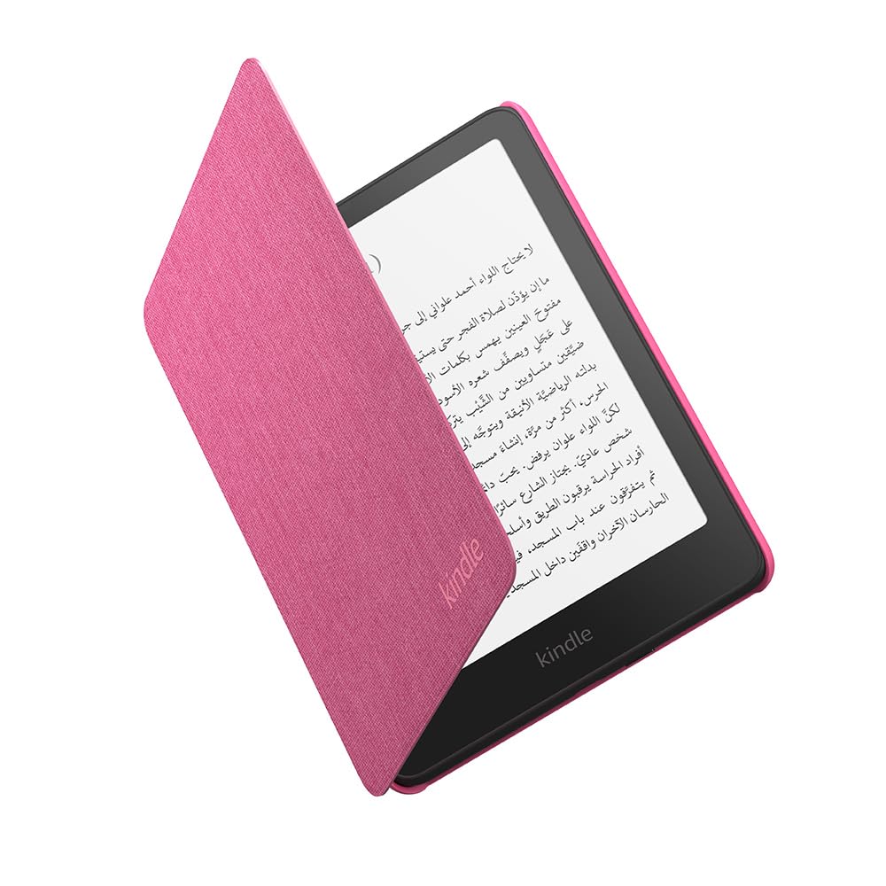 Pink Kindle Paperwhite fabric case partially open showing Kindle e-reader screen