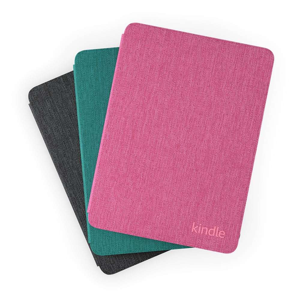 Three colorful Kindle covers made of waterproof Kindle cover fabric in pink teal and black