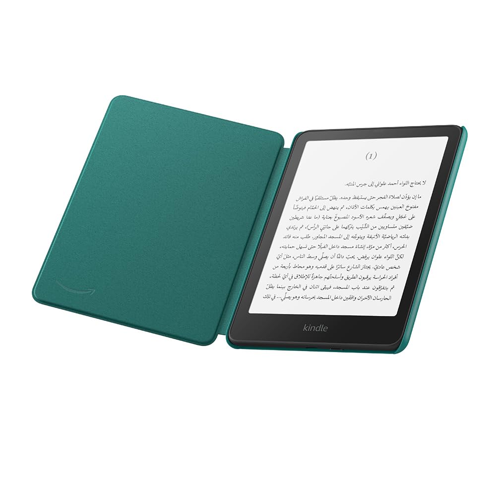 Green waterproof Kindle cover fabric case open showing Kindle e-reader screen with text
